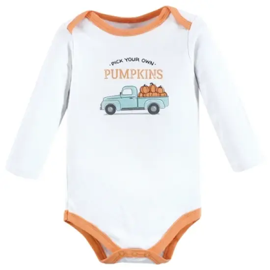 Hudson Baby Infant Boy Cotton Long-Sleeve Bodysuits, Pumpkin Truck 3-Pack image {2}