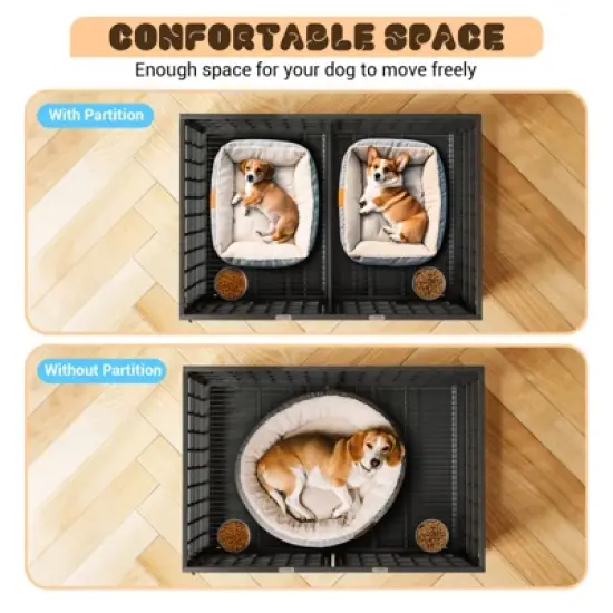 42"/48"/52" Heavy Duty Dog Crate, Extra Large Metal Dog Kennel with Roof Top, 2 Door Pet Cage House with Removable Tray and Wheels image {4}