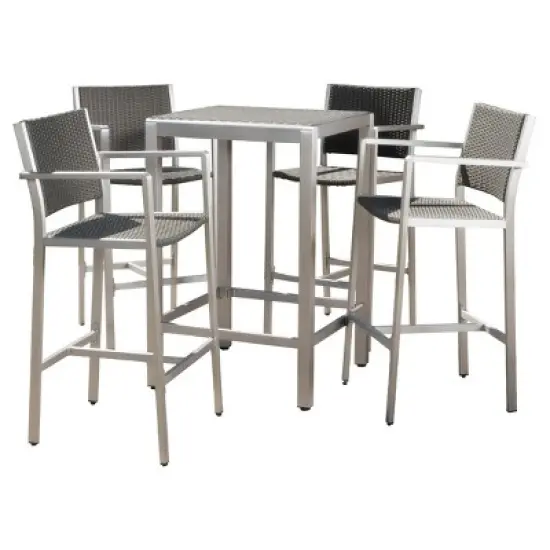 Cape Coral 5pc All-Weather Wicker/Metal Patio Bar Set with 4 Stools - Gray - Christopher Knight Home image {1}