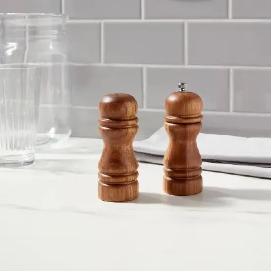 2pc Acacia Turned Salt Shaker and Pepper Grinder Set - Threshold&trade;: Brown Spice Mills, 5.43" Height, 61 Volume Capacity image {1}