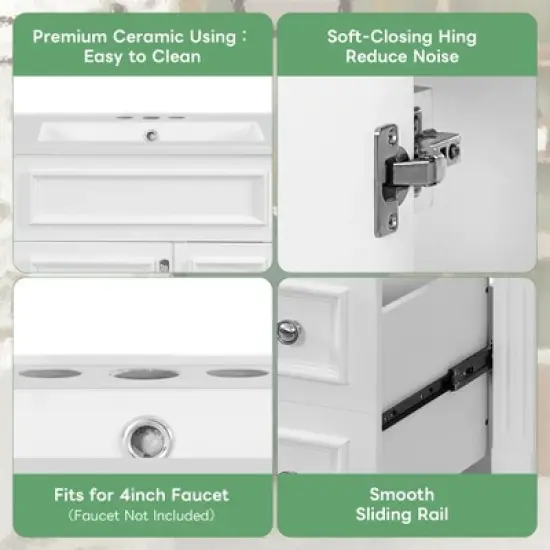 LOVSON 24'' Modern Bathroom Vanity with Ceramic Sink, 2 Drawers, Compact Bathroom Cabinet, White image {5}