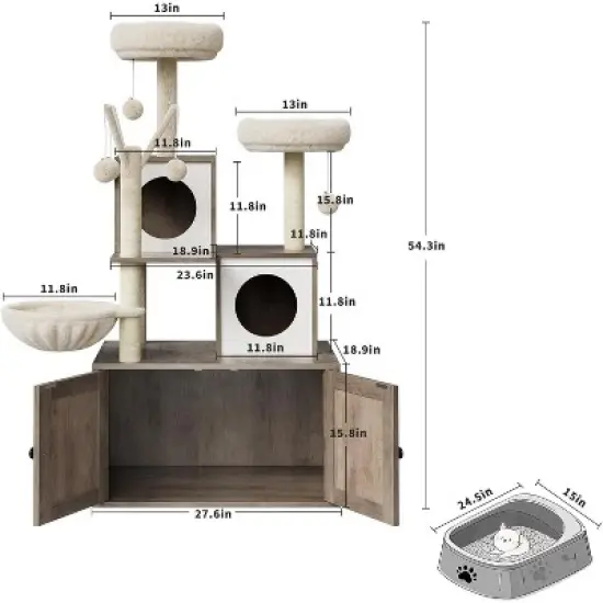 Modern 2-in-1 Cat Tree & Hidden Litter Box Enclosure &ndash; Wooden Tower with Condo, Hammock, Scratching Post, Plush Perch & Removable Pompoms image {2}