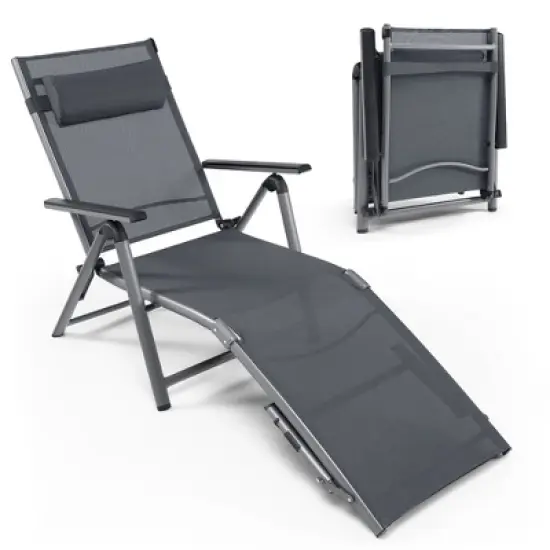 Costway Patio Folding Aluminum Lounge Chair Chaise Adjustable Back Armrest Headrest image {1}
