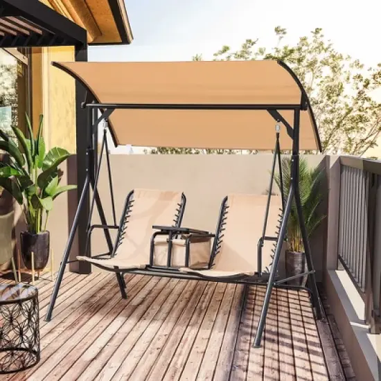 Outsunny 2 Person Covered Porch Swing with Pivot Storage Table, Cup Holder, & Adjustable Overhead Canopy image {2}