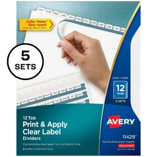 Avery Print & Apply Clear Label Dividers w/White Tabs 12-Tab Letter 5 Sets 11429 image {1}