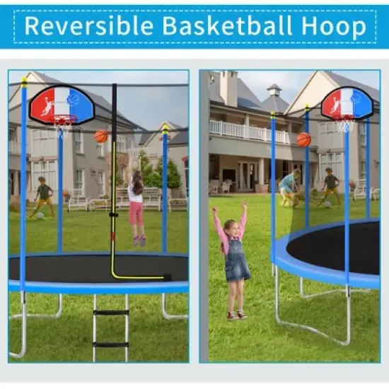 Easy-to-Assemble Kids Trampoline with Safety Fence Netting, Basketball Hoop and Ladder, Blue - ModernLuxe image {5}