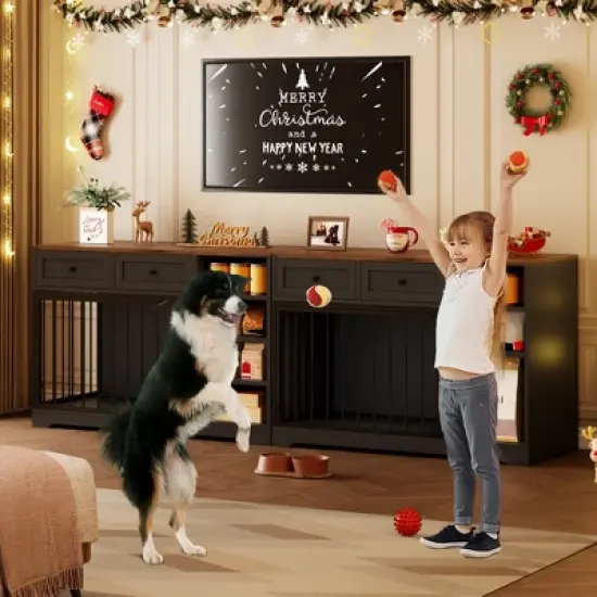 Whizmax 47" Dog Crate Furniture - Wooden TV Stand Kennel with 2 Drawers & 4 Shelves, Decorative Storage Cabinet for Large Dogs, Indoor Pet Cage image {3}