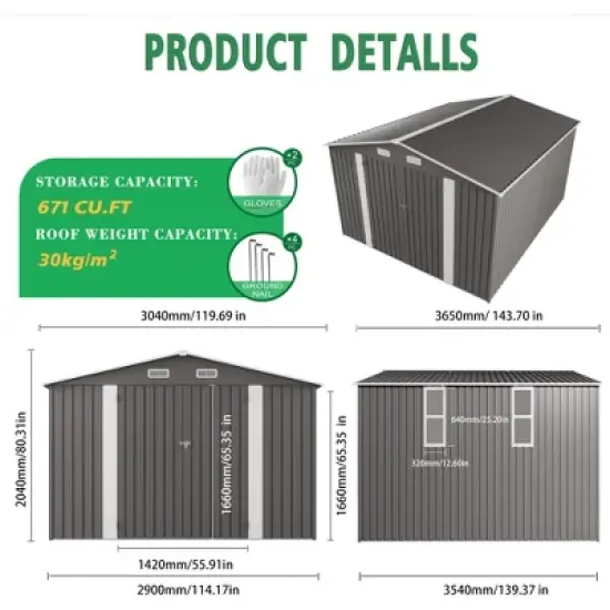 10x12FT Outdoor Storage Shed Large Metal Garden Shed with Double Door Two Window Waterproof Tool Shed for Backyard Patio Lawn Poolside ,Grey image {7}