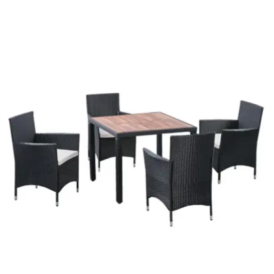 YOOCOZZ Outdoor Patio Weatherproof Wicker Rattan Dining Set with Acacia Wood Tabletop - Black+Cream image {6}