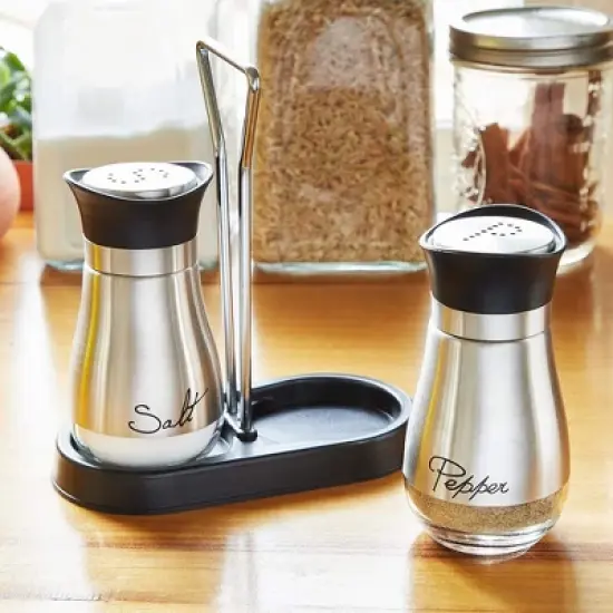 Juvale 3 Piece Salt and Pepper Shakers Set with Holder, Unique Stainless Steel and Glass Dispensers for Kitchen Accessories (4oz) image {2}
