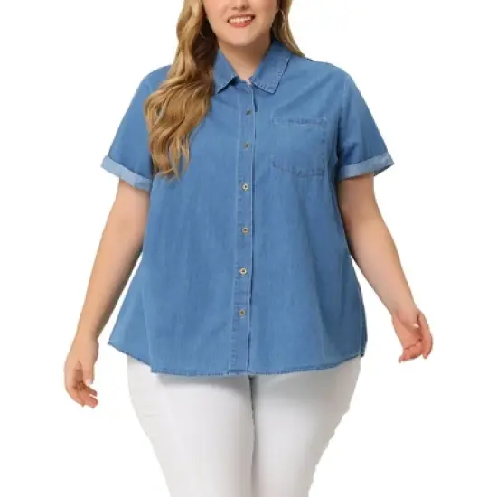Agnes Orinda Plus Size Button Down Shirt for Women Denim Roll Sleeve Stand Collar Chambray Shirts Top image {6}