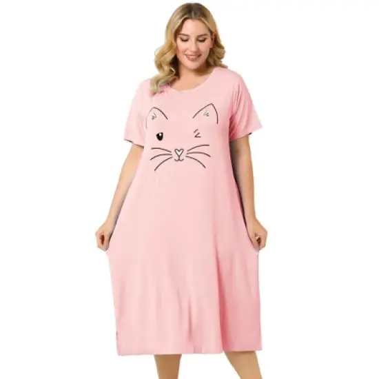 Agnes Orinda Womens Plus Size Short Sleeve Cute Cat Print Pockets Nightgown image {11}