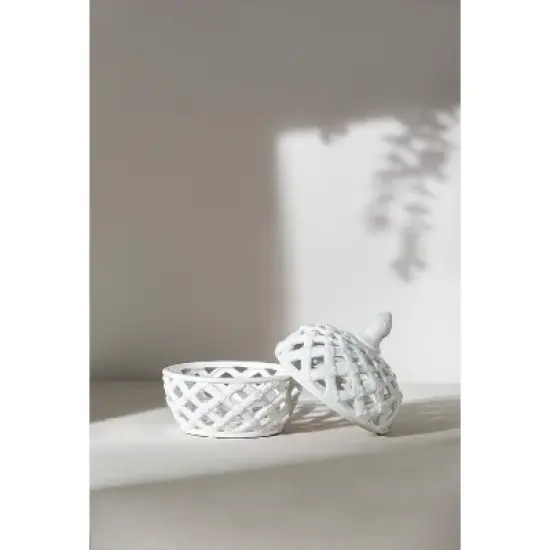 D8x9.5in White Ceramic Lidded Jar with Lattice Design image {6}