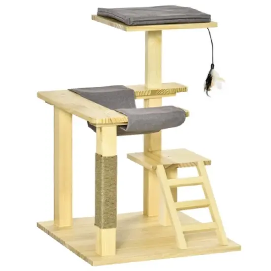 PawHut 25.5" Cat Tree Kitty Activity Center, Pinewood Climbing Toy Indoor Pet Furniture with Jute Scratching Post, Bed Perch Hanging Ladder Cushion, Natural image {3}