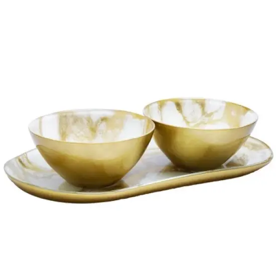 Classic Touch White and Gold Marbleized 2 Bowl Relish Dish image {3}