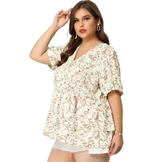 Agnes Orinda Women's Plus Size Blouse Floral Layered Flare Hem Casual Peplum Tops image {3}
