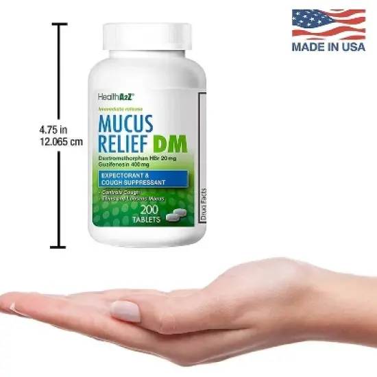 HealthA2Z &ndash; Mucus Relief DM with Dextromethorphan HBr 20 mg & Guaifenesin 400 mg &ndash; Cough Suppressant & Expectorant &ndash; Immediate Release &ndash; 200 Tablets image {2}