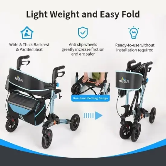 KTMBDW Foldable Rollator Walkers with Seat for Seniors, Adjustable Height, Lightweight Rolling Walker image {3}
