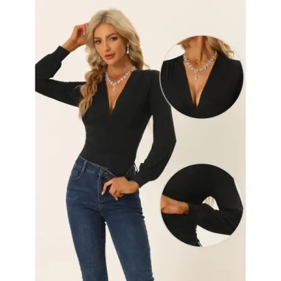 Allegra K Women's Deep V Neck Long Sleeve Ruched Stretchy Bodysuit image {1}