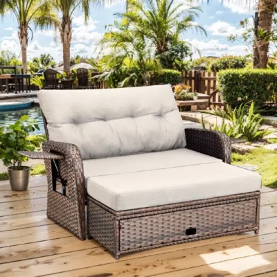 Patio Rattan Daybed Set with Cushioned Loveseat and Ottoman, Outdoor Double Chaise Lounger with 4-Level Adjustable Backrest and Retractable Side Trays image {9}