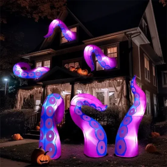 Joyfy 3 Pcs Halloween Inflatable Outdoor Decorations, Giant Octopus Tentacle with Built-in LEDs Broke Out from Window for Halloween Window Roof Decor image {11}