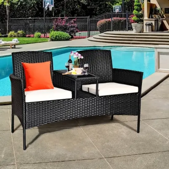 Costway Patio Rattan Conversation Set Seat Sofa Cushioned Loveseat Glass Table Chairs image {1}