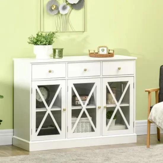 HOMCOM 45" Farmhouse Style Kitchen Sideboard, Serving Buffet Cabinet, Storage Cupboard with Glass Doors and 3 Drawers, White image {1}