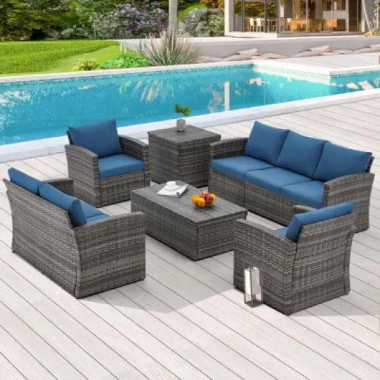 Cescia 7-Piece  PE Rattan Sofa Set, Garden Patio Wicker Sectional Sofa Set with Storage Coffee Table & End Table for Backyard, Porch, Balcony,Gray image {6}