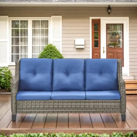 POCASSY Outdoor Wicker Sofa, Outdoor Furniture Patio Couch with All Weather Rattan and Olefin Cushion Cover for Porch, Deck, Gray Wicker Blue Cushion image {1}
