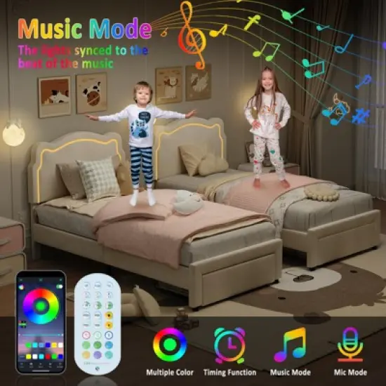 Whizmax Twin Velvet Platform Bed - Adjustable Bear Headboard with RGB LED Lights, Noise-Free Kids Bed Frame, No Box Spring image {4}