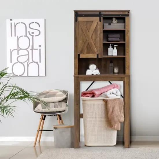 Costway Toilet Storage Rack with Sliding Barn Door & Adjustable Shelves, Rustic Brown image {2}