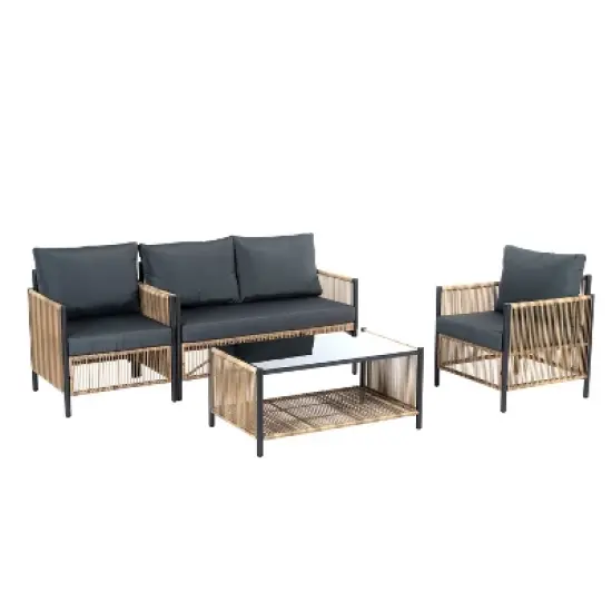 FIONECA 4-Piece Outdoor Brown PE Wicker Sofa Set with Grey Cushions, Sectional Patio Furniture for Backyard, Garden, Porch, Balcony image {11}