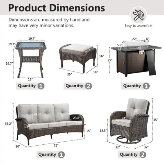 POCASSY 7 Piece Outdoor Patio Furniture Set with Fire Pit Table, Brown Rattan Wicker Modern Patio Furniture Set with Propane Fire Pit image {14}