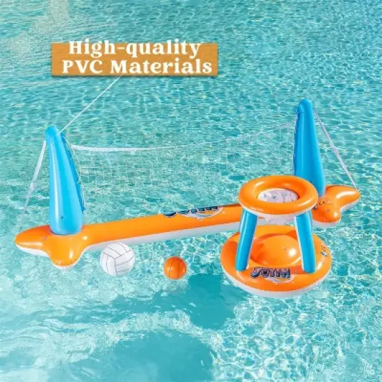 Joyfy Inflatable Pool Float Set Volleyball Net & Basketball Hoops, Floating Swimming Game Toy for Kids and Adults, Summer Floaties - Orange image {2}