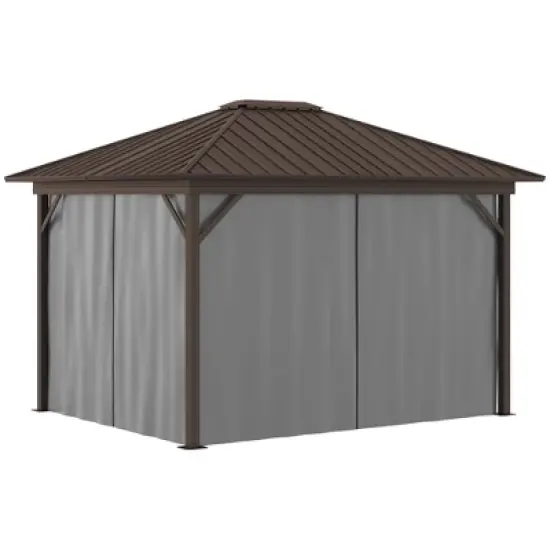 Outsunny 11.9" x 9.8" Hardtop Gazebo with Curtains and Netting, Permanent Pavilion Metal Roof Gazebo Canopy with Aluminum Frame and Top Hook, Gray image {3}
