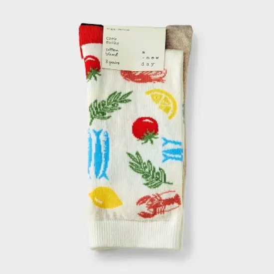 Women's Mediterranean Diet 3pk Crew Socks - A New Day&trade; Ivory/Red/Oatmeal Heather 4-10: Cotton Blend, Floral & Solid Patterns image {1}