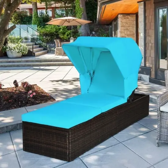 Costway Patio Rattan Lounge Chair Chaise Cushioned Top Canopy Adjustable Turquoise image {10}
