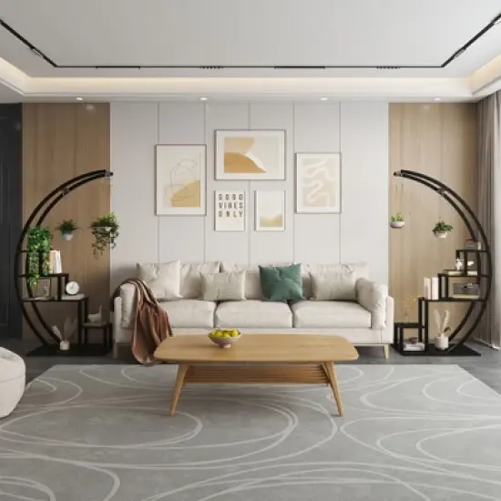 5 Tier Metal Plant Stand, Half-Moon Shape Plant Rack With Hanging Hooks, Tall Plant Holder for Home Decor, Garden, Balcony image {3}