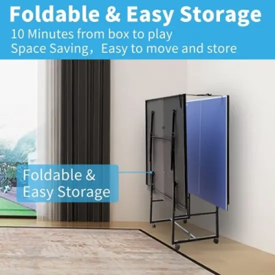 9FT Mid-Size Table Tennis Table, Foldable & Portable Ping Pong Table Set with Net, 2 Table Tennis Paddles and 3 Balls, Easy Assembly with Side Handles image {4}