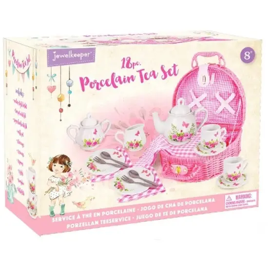 Jewelkeeper Porcelain Tea Set with Picnic Basket - Pink - 18 Pieces image {3}