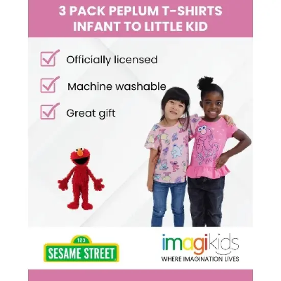 Sesame Street Elmo Cookie Monster Abby Cadabby Infant Baby Girls 3 Pack Peplum T-Shirts White / Pink 12 Months image {1}