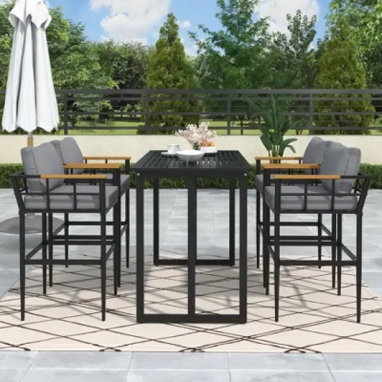Steel Outdoor Dinner Set with Acacia Wood Handrails for Patio, Balcony or Backyard,Black - ModernLuxe image {1}