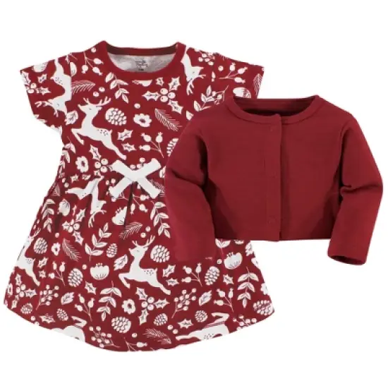 Touched by Nature Infant and Toddler Girl Organic Cotton Dress and Cardigan, Red Winter Folk image {2}