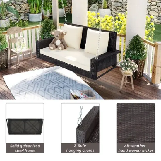 FIONECA 2-Person Wicker Hanging Porch Swing with Cushion & Pillow, Outdoor Rattan Swing Bench with Chains for Garden, Backyard, Pond (Brown/Beige) image {3}