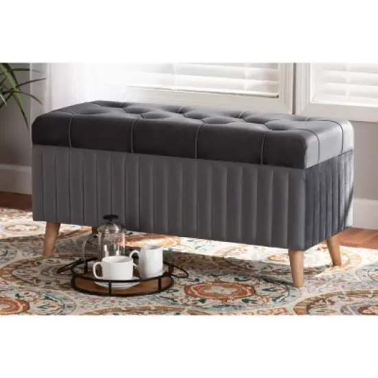 Hanley Velvet Fabric Upholstered and Wood Storage Ottoman - Baxton Studio image {7}
