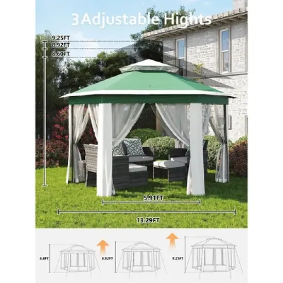 13x13FT Pop Up Gazebo Screen Tent with 6 Sided Sun Shelter and Mesh Mosquito Netting, Hexagonal Instant Canopy Tent for Outdoor Patio image {4}