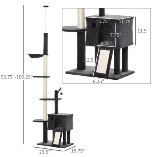 SKYONE Beige Floor-to-Ceiling Cat Tree with Adjustable Height, Multiple Platforms, Bed, Hammock, image {5}