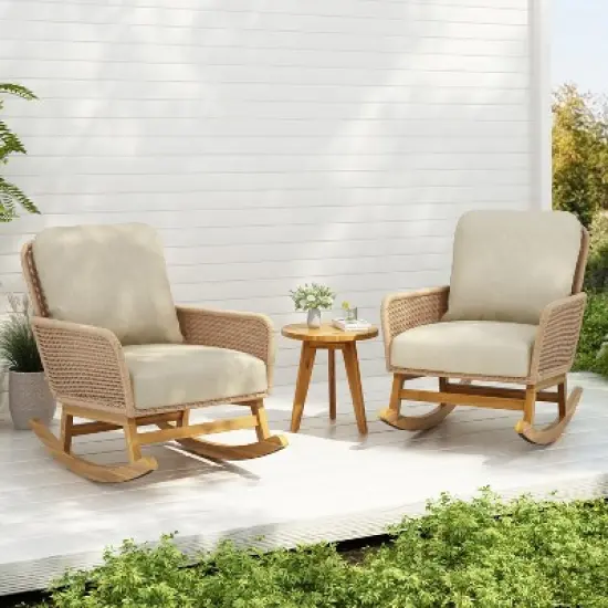 FIONECA Modern 3-Piece Outdoor Seating Set with 2 Beige Cushioned PE Rattan Rocking Chairs & Wooden Accent Table for Patio/Balcony image {11}