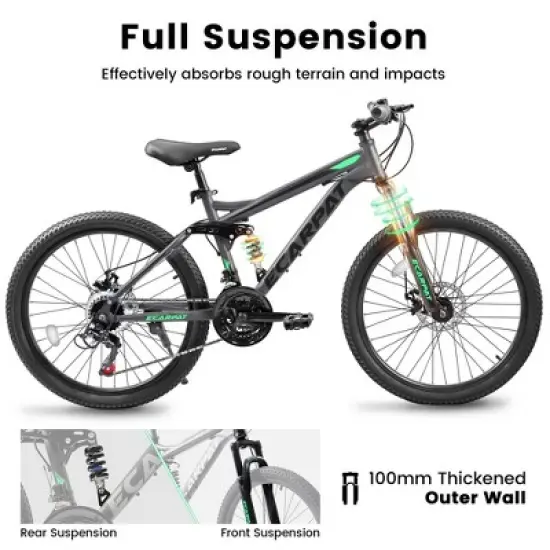Gulches Mountain Bike 24 Inch Wheels, 21-Speed Full Suspension Mens Womens Trail Commuter City Mountain Bike, Gray image {4}