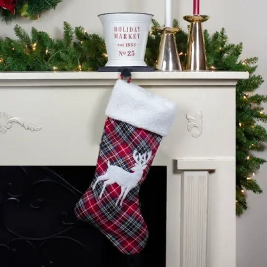 Northlight 20" Black and Red Tartan Reindeer Christmas Stocking with Cuff image {1}